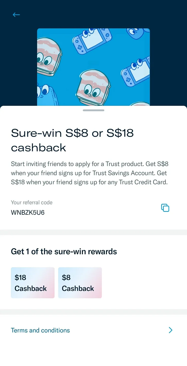 Trust app evidence from July 2026 showing referral code WNBZK5U6 and a previous S$8 or S$18 code-owner Quest